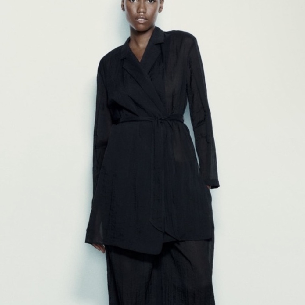 Zara Black Semi-sheer Minimalist Belted Blouse Relaxed long sleeves belt XS NWT - Picture 3 of 16